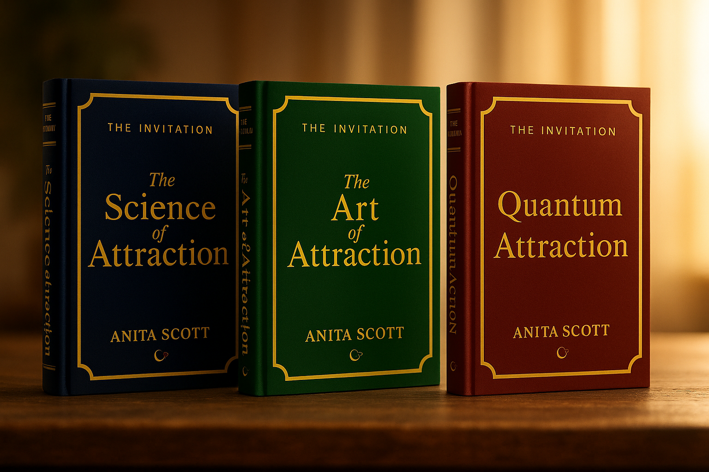 Three books titled 'The Science of Attraction', 'The Art of Attraction', and 'Quantum Attraction' by Anita Scott on a wooden surface.